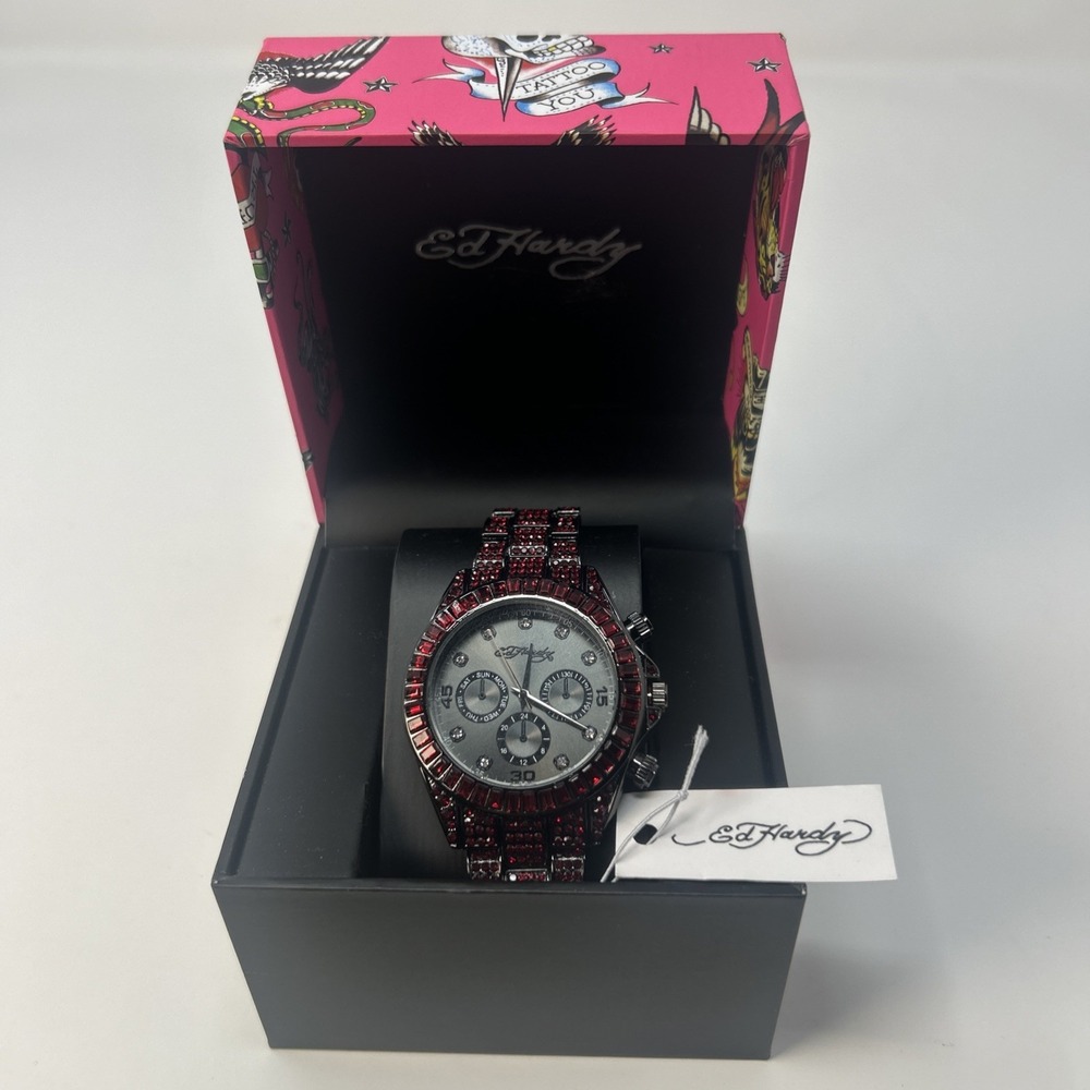 NIB Ed Hardy Red Crystal Iced Out Women's Watch Multi-Subdial Face ($85 Retail)
